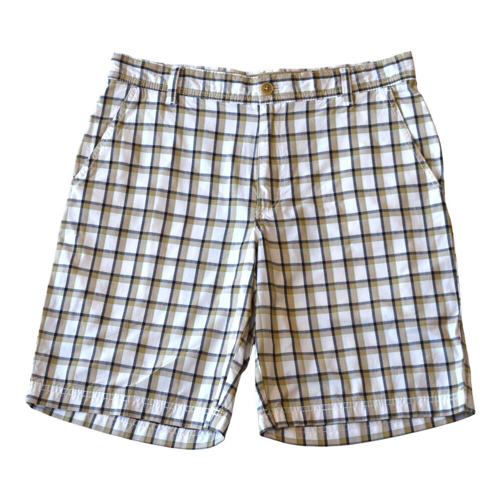 IZOD Plaid Golf Shorts 32 - Khaki & Navy Blue 100% Cotton Preppy Chino Shorts